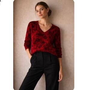 Charter Club 2 Ply Cashmere Red Rose Print Pullover Crewneck Sweater Medium